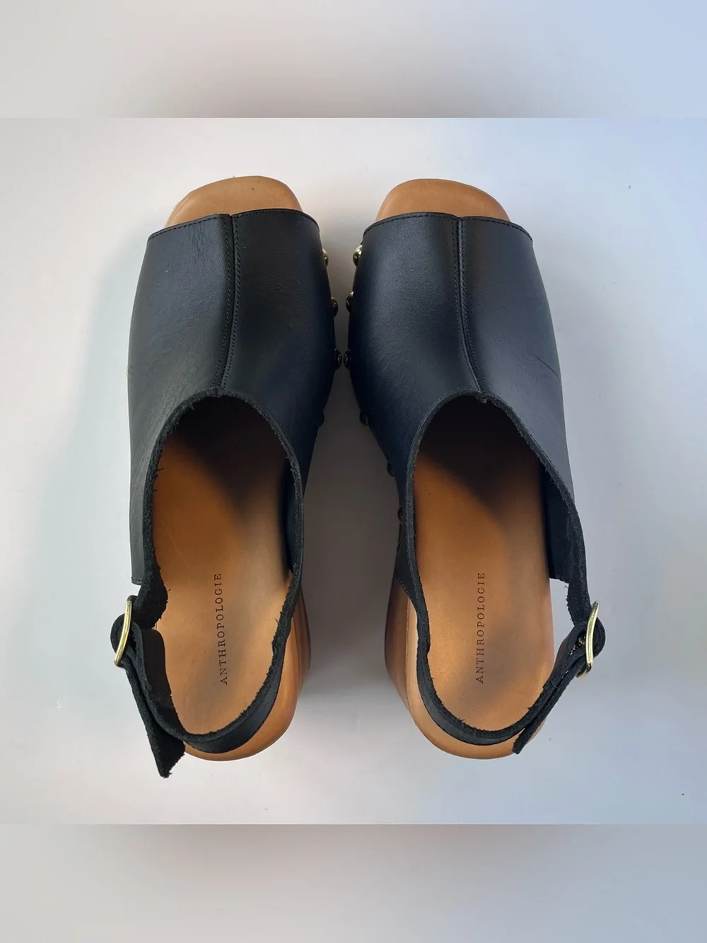 Anthropologie Black Leather Studded Slingback Wedge Sandals Peep Toe US 8 EU 38